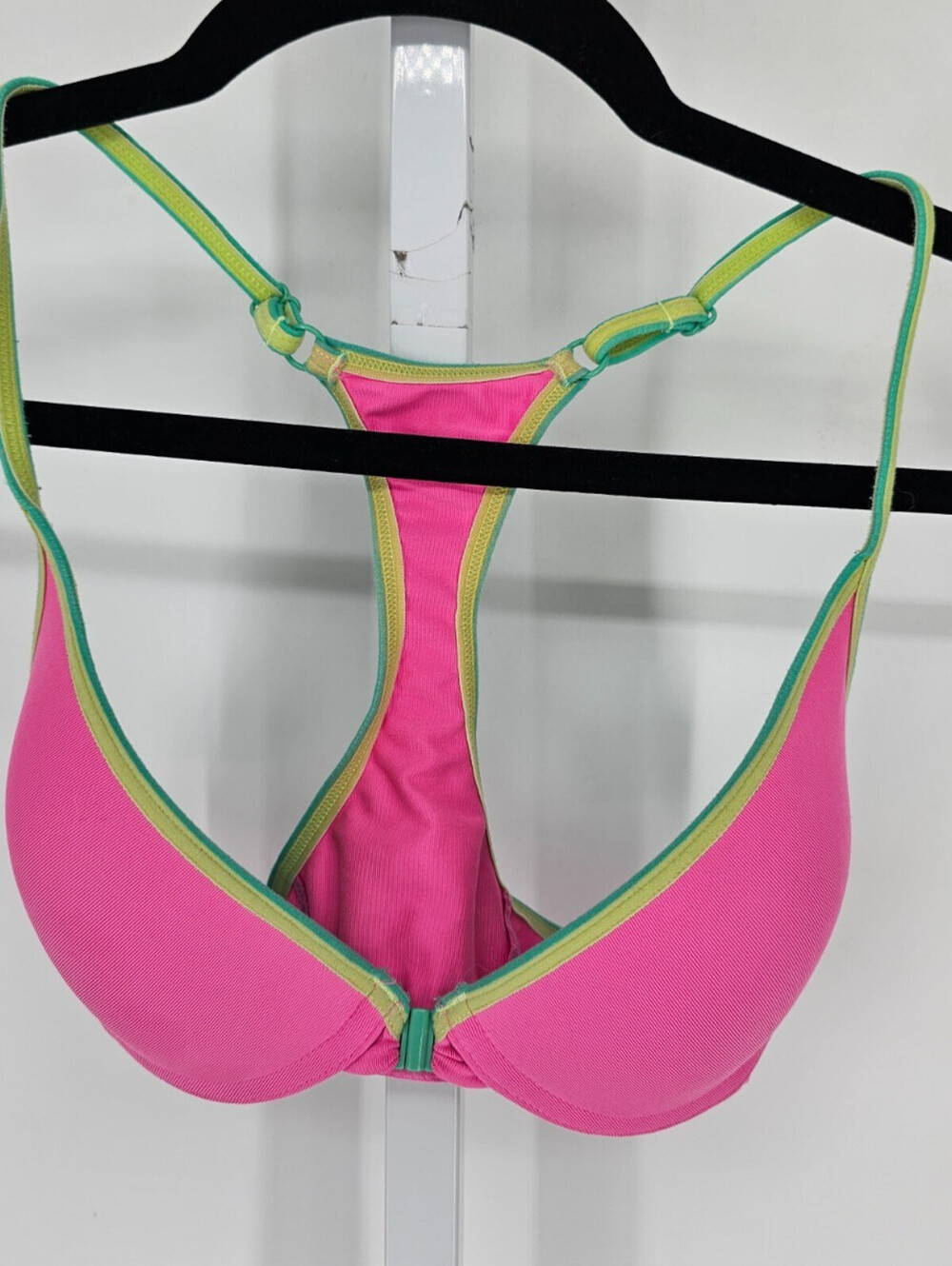 Fruit of the Loom Sz 34B Front Clasp T Shirt Bra Neon Pink Green Y2K Vintage
